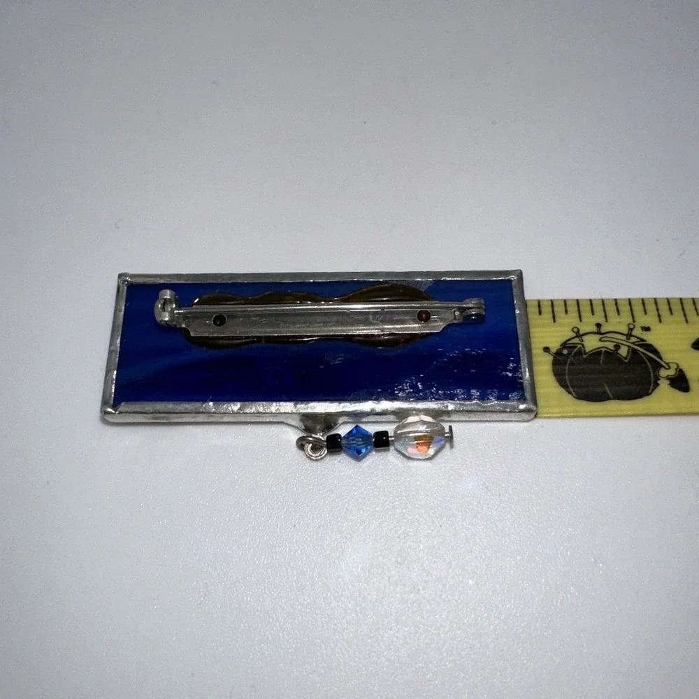 Artisan Stained Glass Brooch Victorian Style Blue & Silver Tone Dangle Pin 2